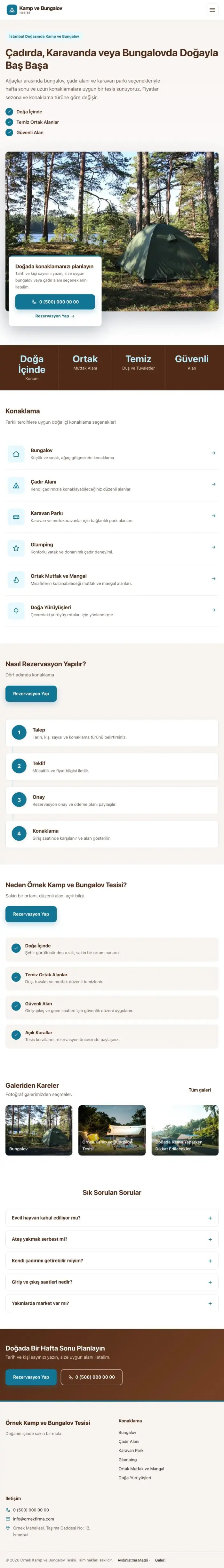Bölünmüş Kahve Turkuaz – Kamp ve Bungalov Web Sitesi tablet görünümü