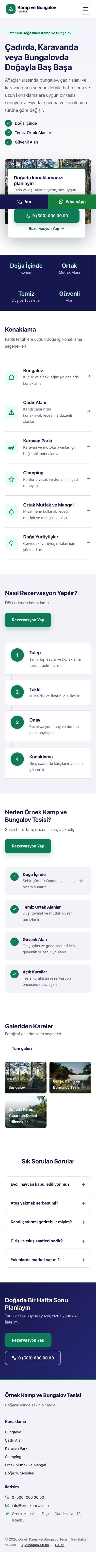 Bölünmüş Lacivert Turkuaz – Kamp ve Bungalov Web Sitesi mobil görünümü