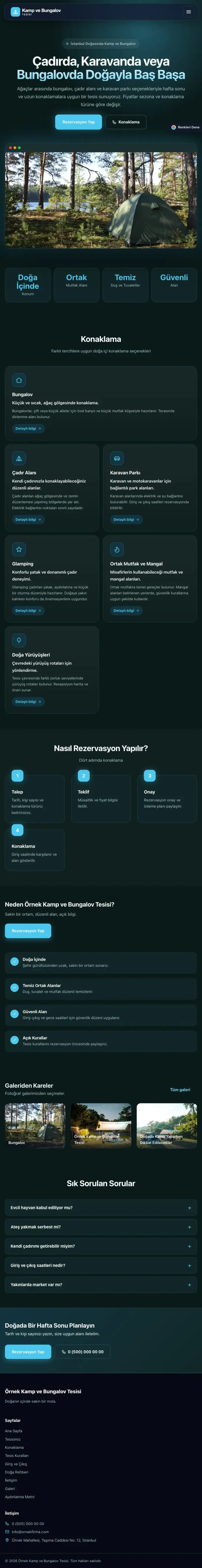 Koyu Modern Petrol Turkuaz – Kamp ve Bungalov Web Sitesi tablet görünümü