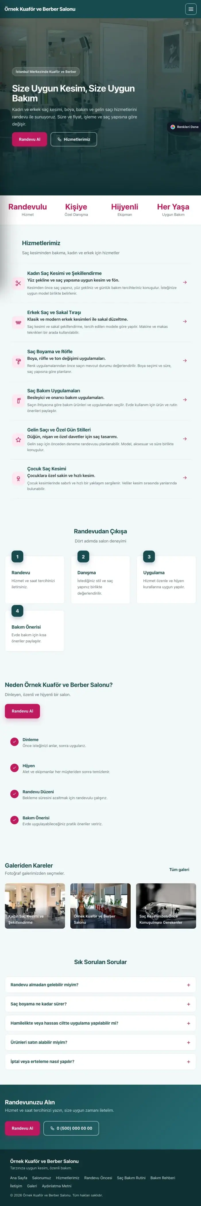 Sol Menü Petrol Pembe – Kuaför ve Berber Web Sitesi tablet görünümü