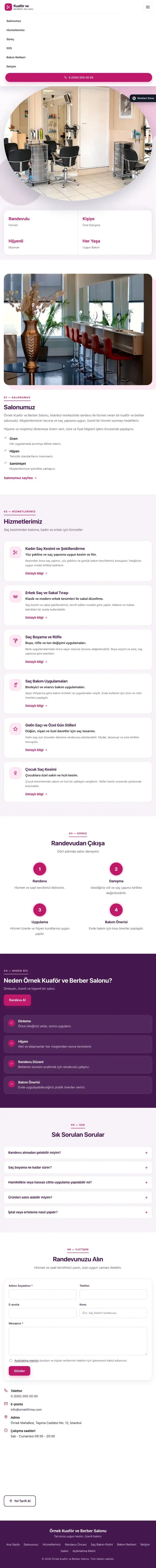 Tek Sayfa Mor Pembe – Kuaför ve Berber Web Sitesi tablet görünümü