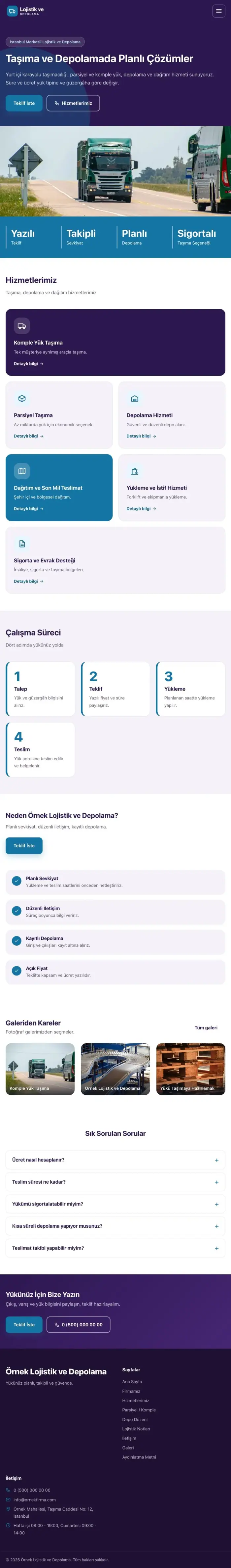 Blok Mor Mavi – Lojistik ve Depo Web Sitesi tablet görünümü