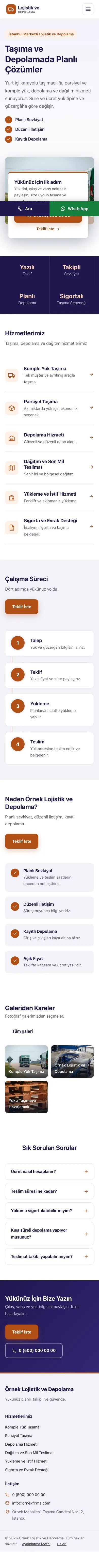 Bölünmüş Lacivert Turuncu – Lojistik ve Depo Web Sitesi mobil görünümü
