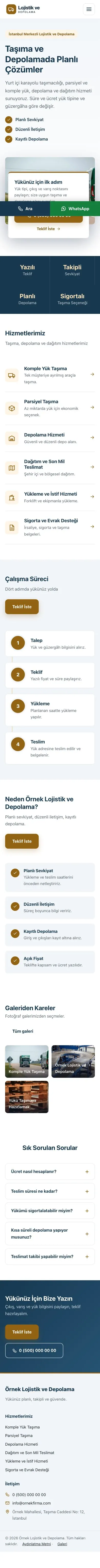 Bölünmüş Mavi Turuncu – Lojistik ve Depo Web Sitesi mobil görünümü