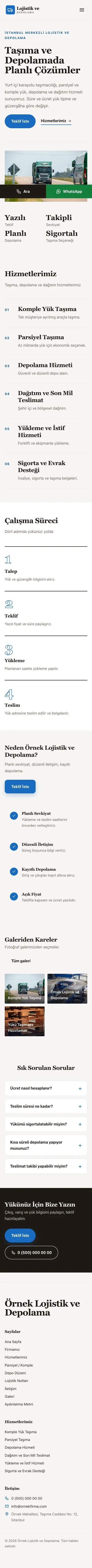 Editoryal Kahve Mavi – Lojistik ve Depo Web Sitesi mobil görünümü