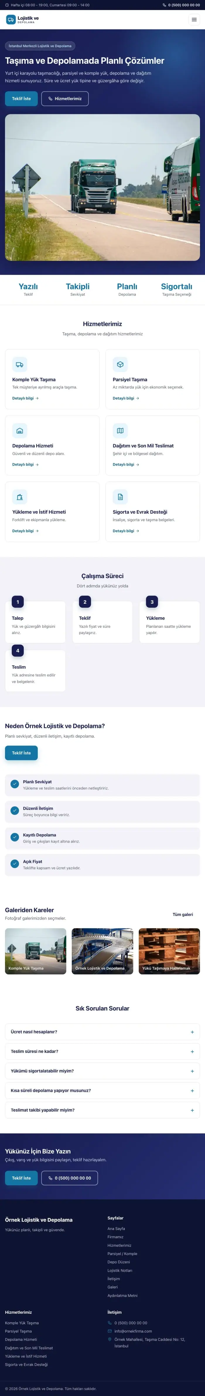 Klasik Lacivert Mavi – Lojistik ve Depo Web Sitesi tablet görünümü