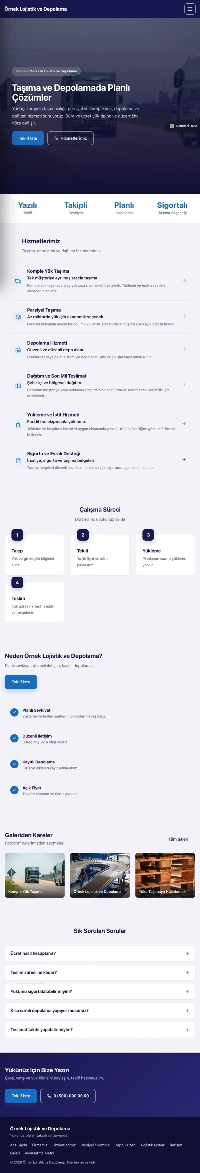 Sol Menü Lacivert Mavi – Lojistik ve Depo Web Sitesi tablet görünümü