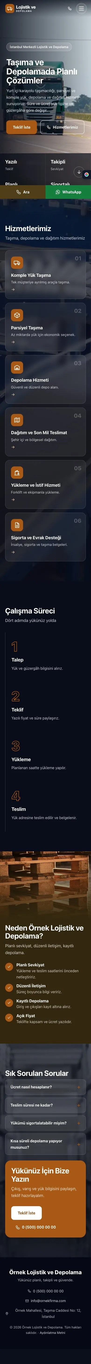 Tam Ekran Kahve Turuncu – Lojistik ve Depo Web Sitesi mobil görünümü