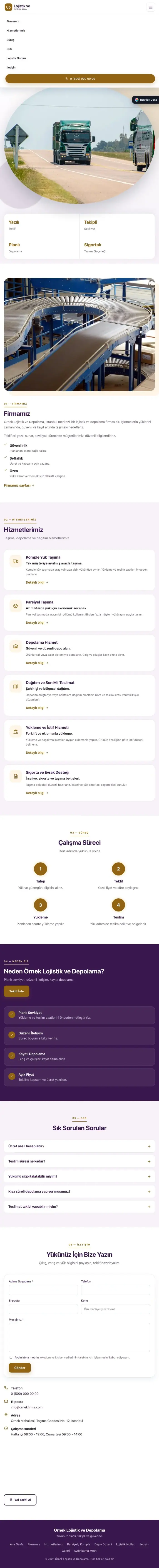 Tek Sayfa Mor Turuncu – Lojistik ve Depo Web Sitesi tablet görünümü