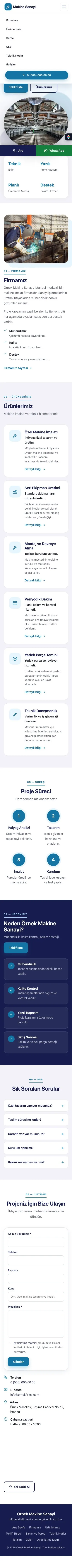 Tek Sayfa Lacivert Mavi – Makine Web Sitesi mobil görünümü