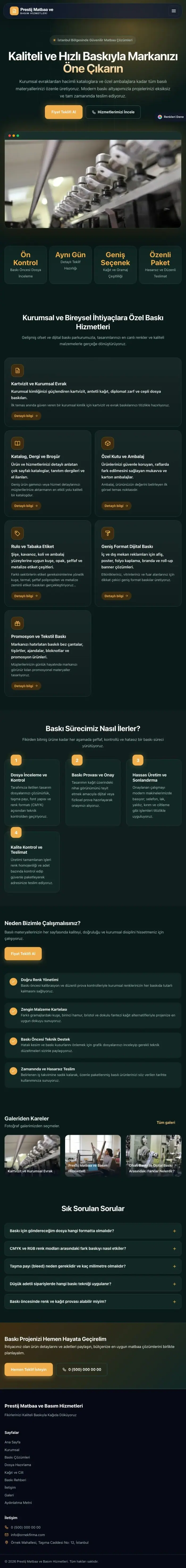 Koyu Modern Tasarım – Matbaa Web Sitesi tablet görünümü