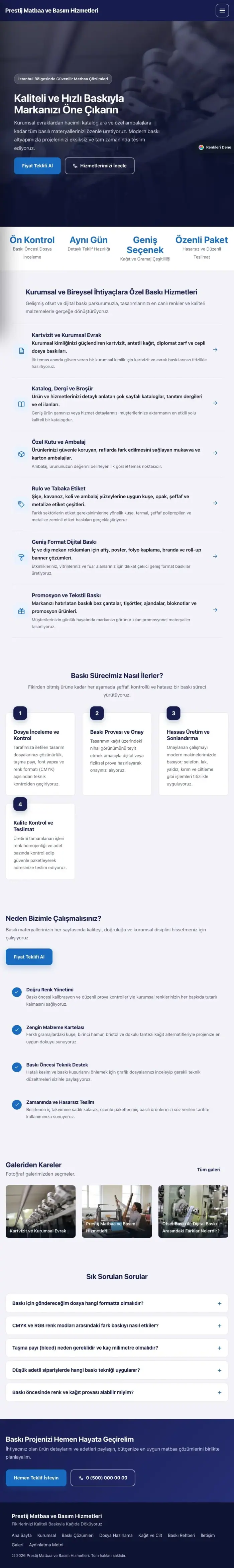 Sol Menü Lacivert Mavi – Matbaa Web Sitesi tablet görünümü