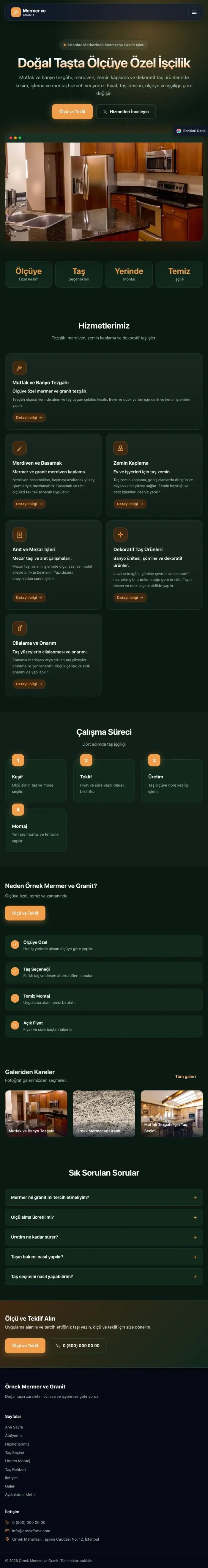 Koyu Modern Yeşil Turuncu – Mermer ve Granit Web Sitesi tablet görünümü