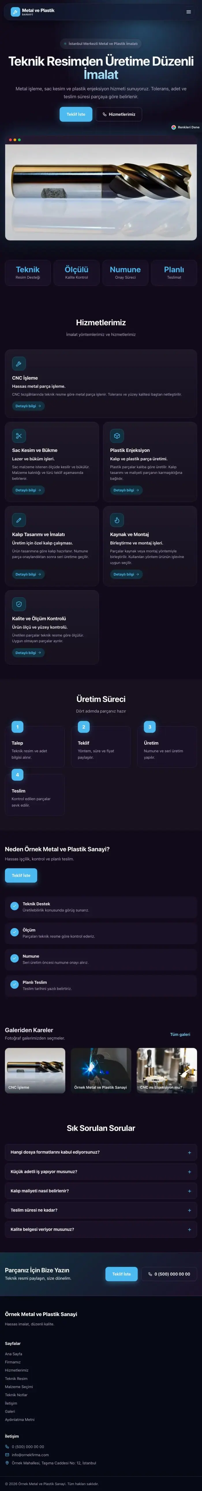 Koyu Modern Mor Mavi – Metal ve Plastik Web Sitesi tablet görünümü