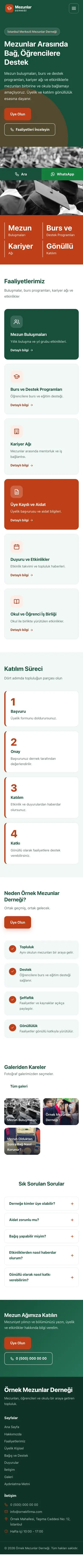 Blok Yeşil Turuncu – Mezunlar Derneği Web Sitesi mobil görünümü