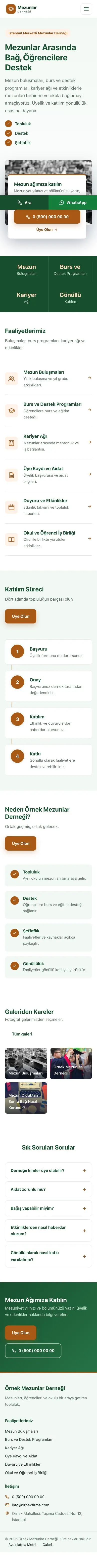 Bölünmüş Yeşil Turuncu – Mezunlar Derneği Web Sitesi mobil görünümü