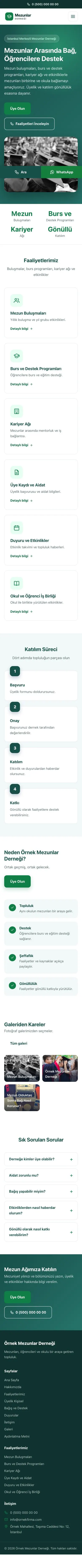 Klasik Petrol Yeşil – Mezunlar Derneği Web Sitesi mobil görünümü