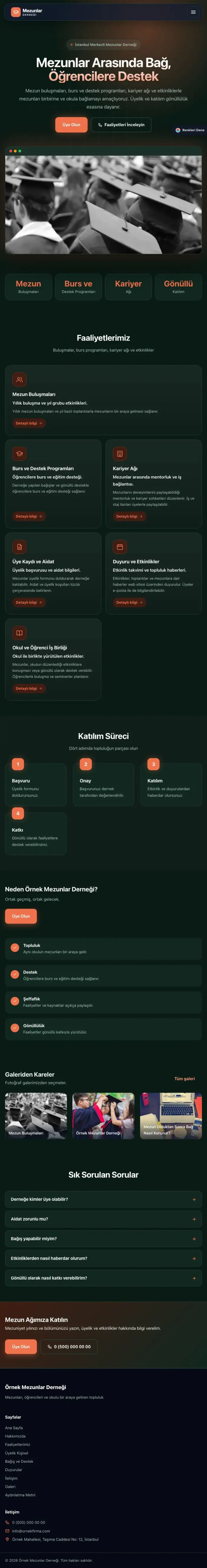 Koyu Modern Yeşil Turuncu – Mezunlar Derneği Web Sitesi tablet görünümü