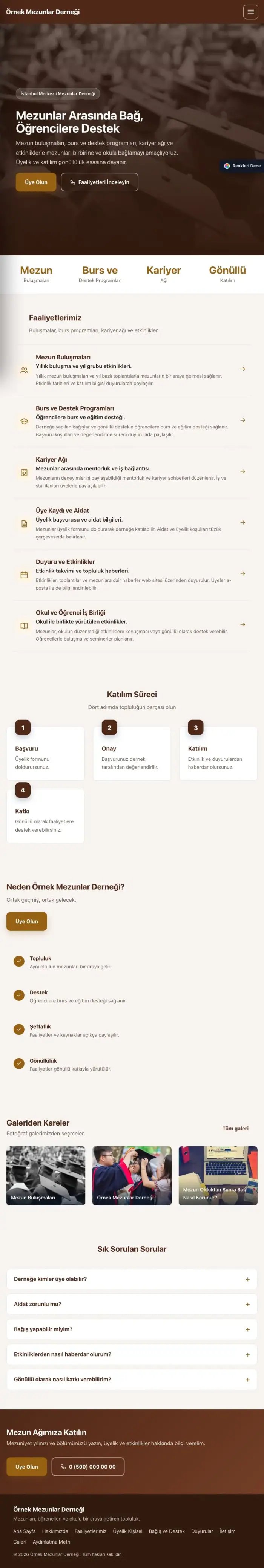 Sol Menü Kahve Turuncu – Mezunlar Derneği Web Sitesi tablet görünümü