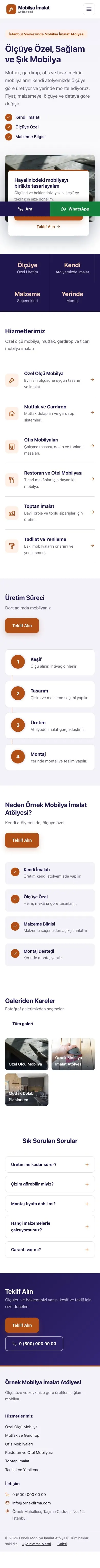 Bölünmüş Lacivert Turuncu – Mobilya İmalat Atölyesi Web Sitesi mobil görünümü