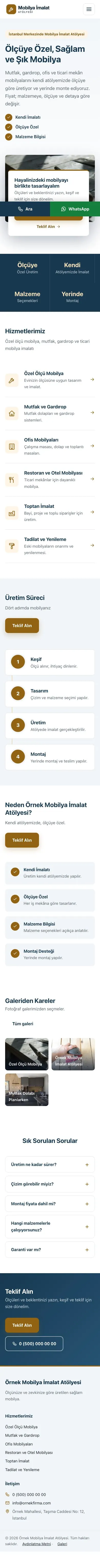 Bölünmüş Mavi Turuncu – Mobilya İmalat Atölyesi Web Sitesi mobil görünümü