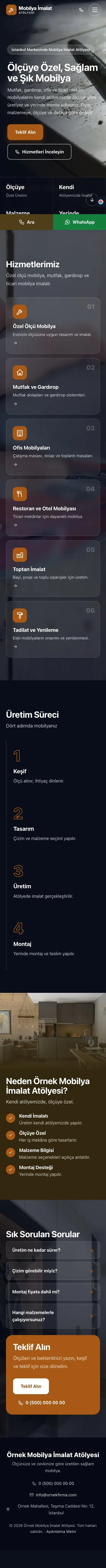 Tam Ekran Kahve Turuncu – Mobilya İmalat Atölyesi Web Sitesi mobil görünümü