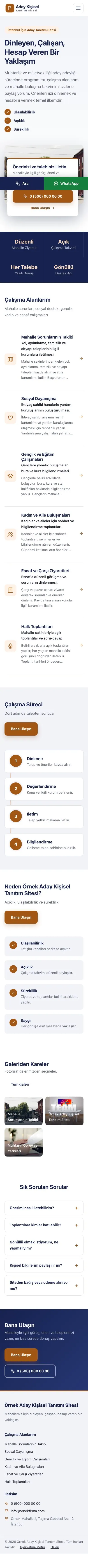 Bölünmüş Lacivert Turuncu – Muhtar ve Milletvekili Adayı Web Sitesi mobil görünümü