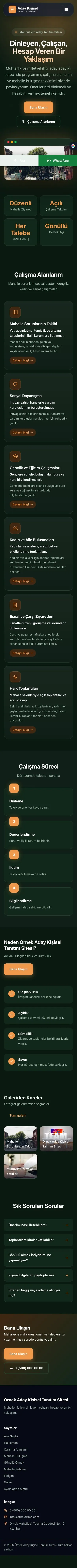 Koyu Modern Yeşil Turuncu – Muhtar ve Milletvekili Adayı Web Sitesi mobil görünümü