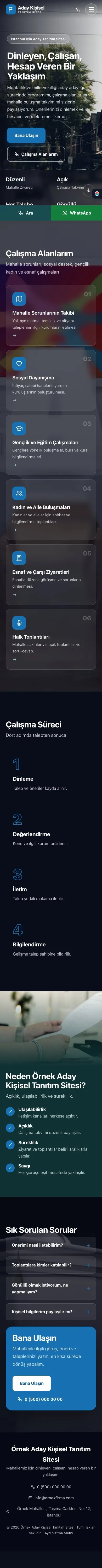 Tam Ekran Petrol Mavi – Muhtar ve Milletvekili Adayı Web Sitesi mobil görünümü