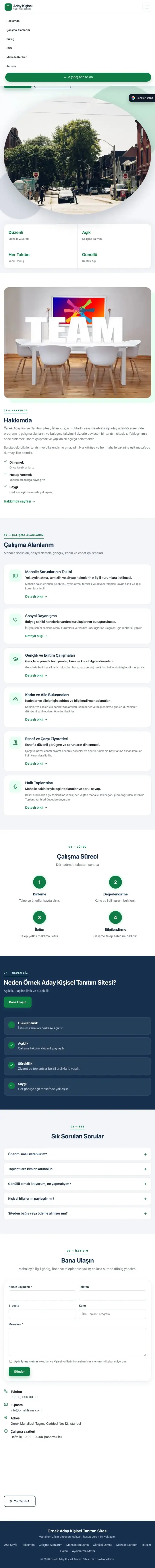 Tek Sayfa Mavi Yeşil – Muhtar ve Milletvekili Adayı Web Sitesi tablet görünümü