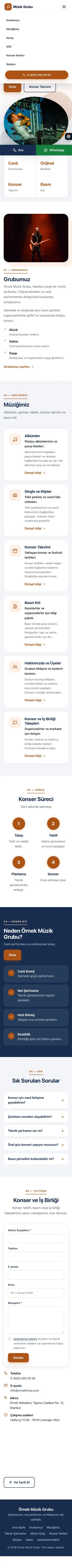 Tek Sayfa Mavi Turuncu – Müzik Grubu ve Albüm Tanıtımı Web Sitesi mobil görünümü
