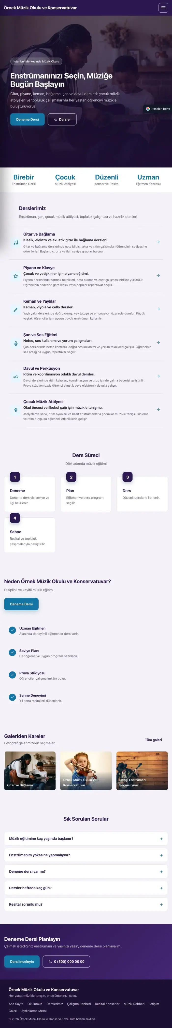 Sol Menü Mor Mavi – Müzik Okulu ve Konservatuvar Web Sitesi tablet görünümü