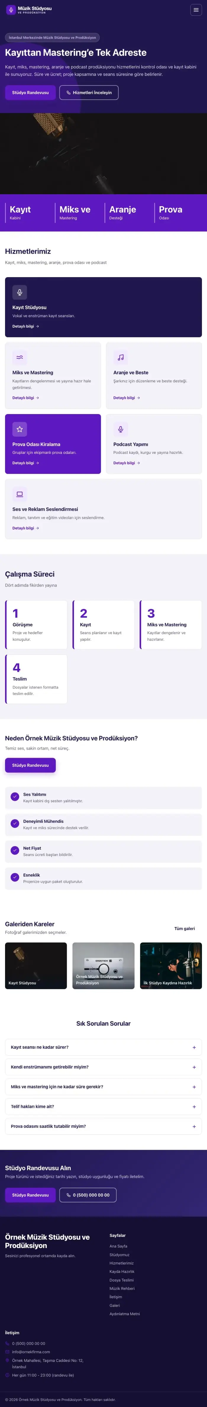 Blok Lacivert Mor – Müzik Stüdyosu ve Prodüksiyon Web Sitesi tablet görünümü