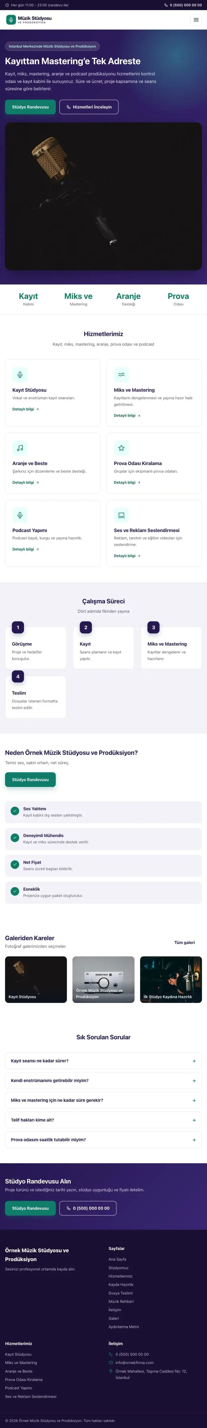 Klasik Mor Turkuaz – Müzik Stüdyosu ve Prodüksiyon Web Sitesi tablet görünümü