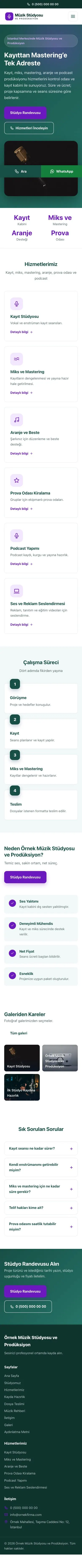 Klasik Petrol Mor – Müzik Stüdyosu ve Prodüksiyon Web Sitesi mobil görünümü