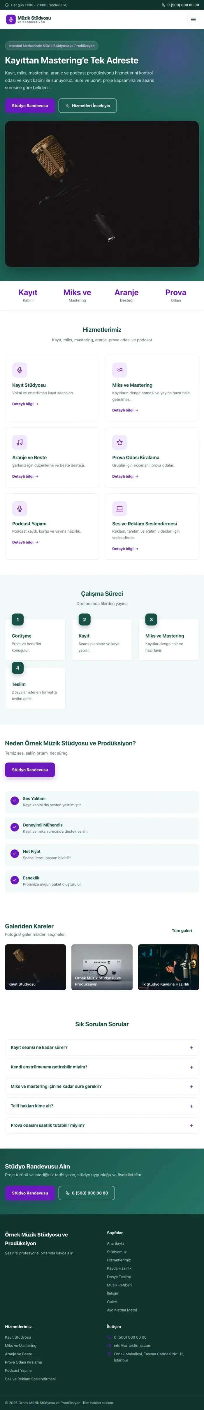 Klasik Petrol Mor – Müzik Stüdyosu ve Prodüksiyon Web Sitesi tablet görünümü