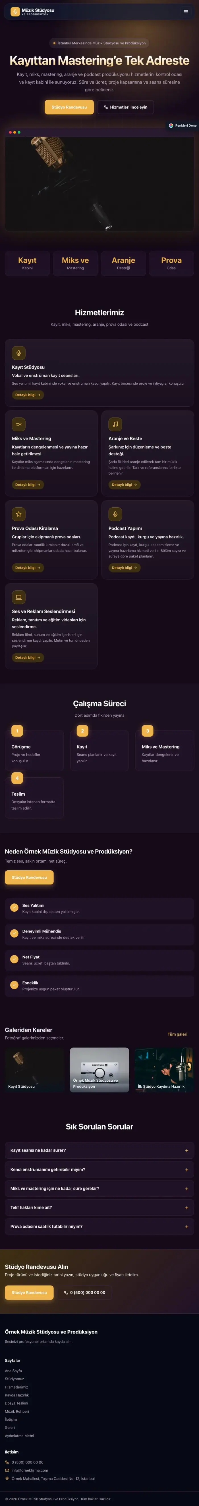 Koyu Modern Mor Turuncu – Müzik Stüdyosu ve Prodüksiyon Web Sitesi tablet görünümü
