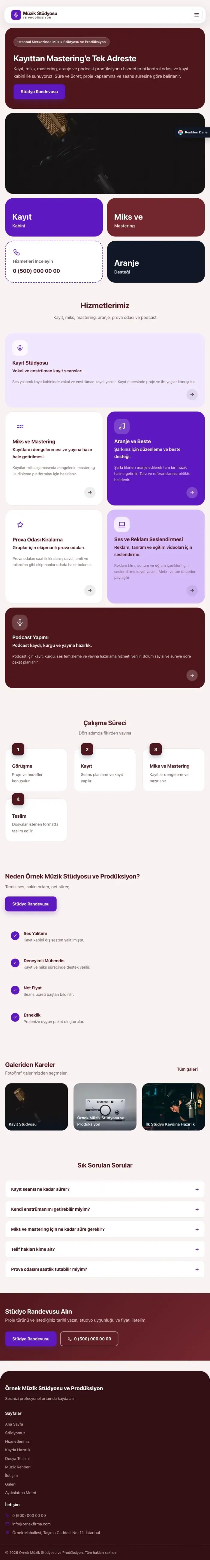 Mozaik Bordo Mor – Müzik Stüdyosu ve Prodüksiyon Web Sitesi tablet görünümü