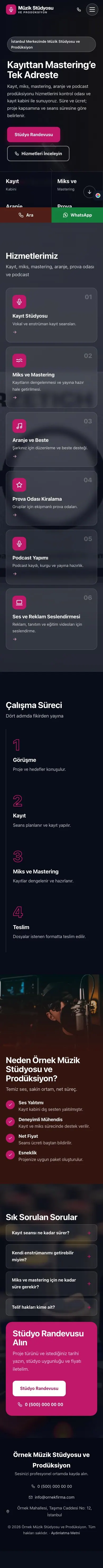 Tam Ekran Bordo Pembe – Müzik Stüdyosu ve Prodüksiyon Web Sitesi mobil görünümü