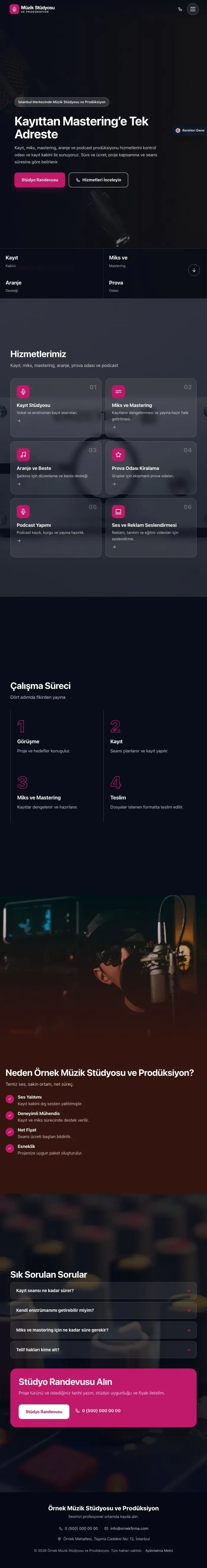 Tam Ekran Bordo Pembe – Müzik Stüdyosu ve Prodüksiyon Web Sitesi tablet görünümü