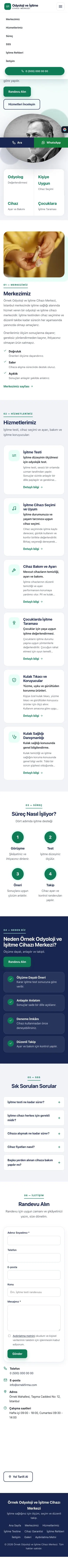 Tek Sayfa Lacivert Turkuaz – Odyoloji ve İşitme Cihazı Merkezi Web Sitesi mobil görünümü