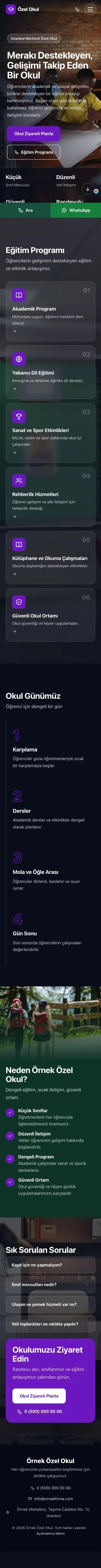 Tam Ekran Petrol Mor – Okul Web Sitesi mobil görünümü