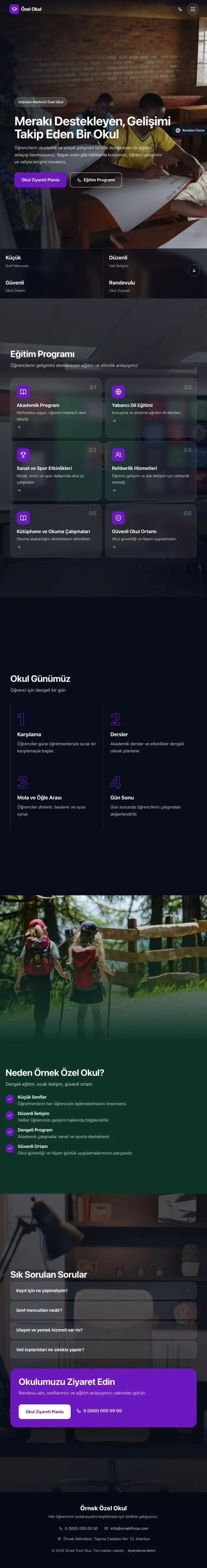 Tam Ekran Petrol Mor – Okul Web Sitesi tablet görünümü