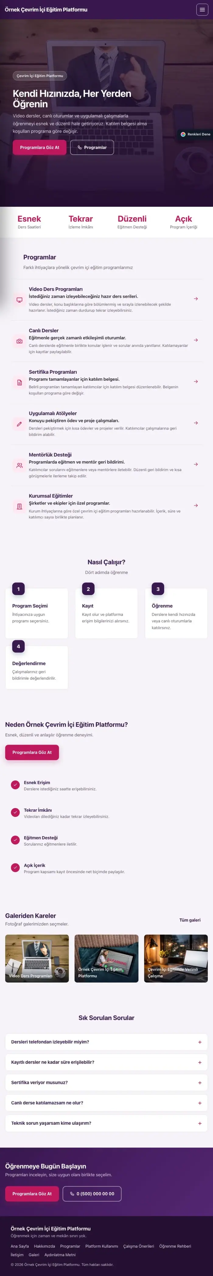 Sol Menü Mor Pembe – Online Eğitim Platformu Web Sitesi tablet görünümü