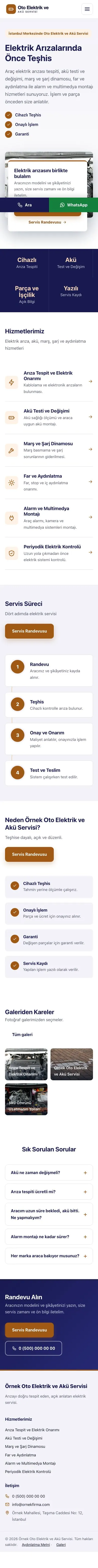 Bölünmüş Lacivert Turuncu – Oto Elektrik ve Akü Servisi Web Sitesi mobil görünümü