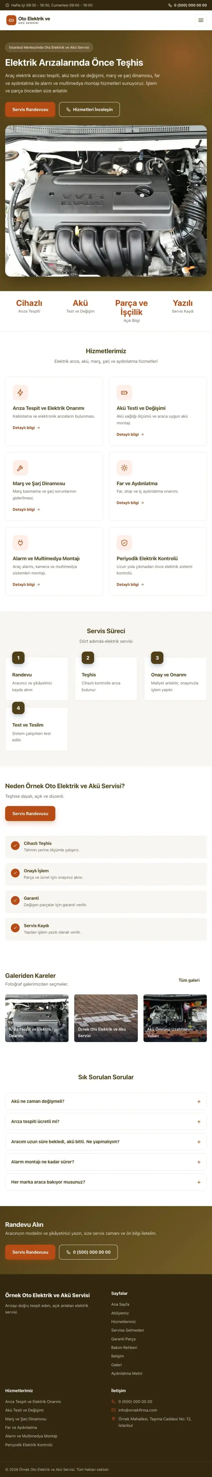 Klasik Kahve Turuncu – Oto Elektrik ve Akü Servisi Web Sitesi tablet görünümü