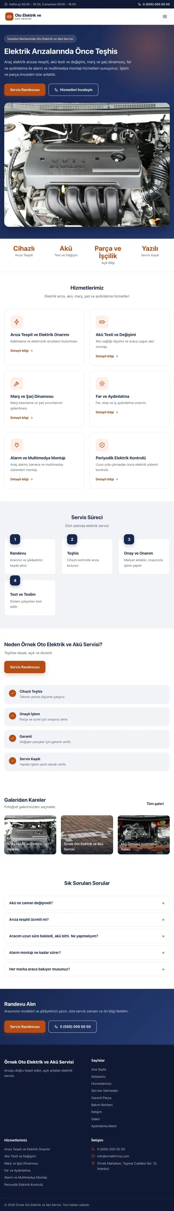 Klasik Mavi Turuncu – Oto Elektrik ve Akü Servisi Web Sitesi tablet görünümü