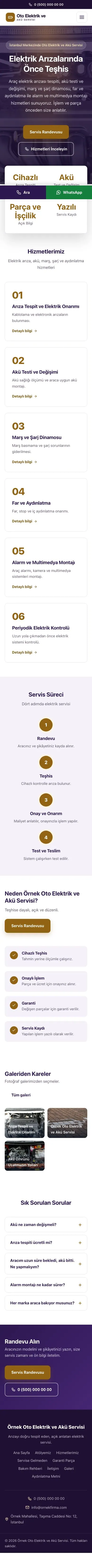 Merkez Mor Turuncu – Oto Elektrik ve Akü Servisi Web Sitesi mobil görünümü
