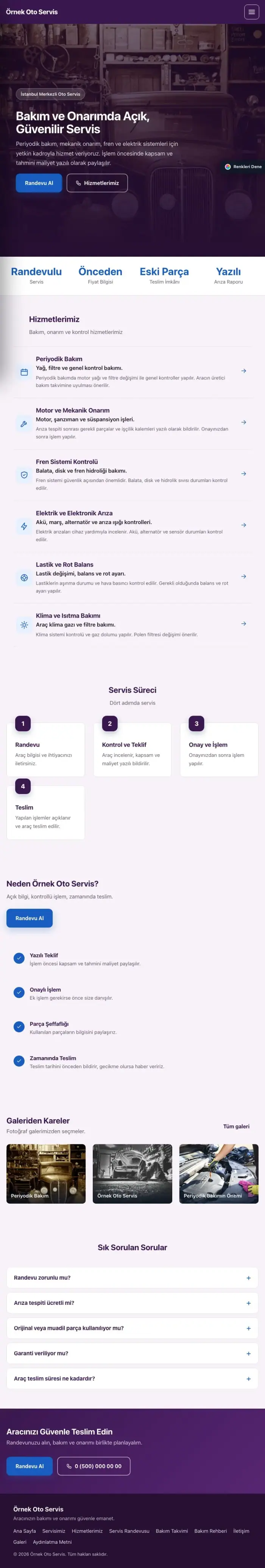 Sol Menü Mor Mavi – Oto Servis Web Sitesi tablet görünümü