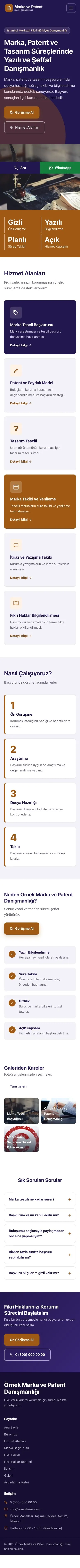 Blok Lacivert Turuncu – Patent ve Marka Danışmanlığı Web Sitesi mobil görünümü